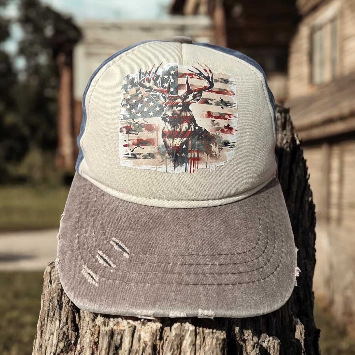 Blue and Grey Hat with Patriotic Deer